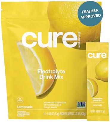 Cure Hydration | Plant-Based Electrolyte Drink Mix | No Added Sugar | FSA-HSA | Dehydration Relief Powder Made with Coconut Water | Non-GMO | Vegan | Pouch of 14 Packets - Lemonade