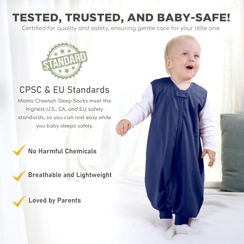 Mama Cheetah Baby Sleeping Bag with Feet, 0.5 Tog, Summer Sleeping Bag, Organic Cotton Baby Sleeping Bags, Sleeveless, Baby Sleeping Bag with Legs for Infants, Children, Boys, Girls, 80 cm (Baby - 5