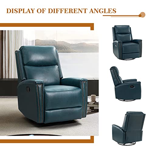 Hulala Home Genuine Leather Swivel Rocker Recliner, Manual Glider Recliner Chair With Adjustable Backrest & Footrest, Modern Home Theater Sofa Armchair For Bedroom Living Room, Turquoise #TOP2