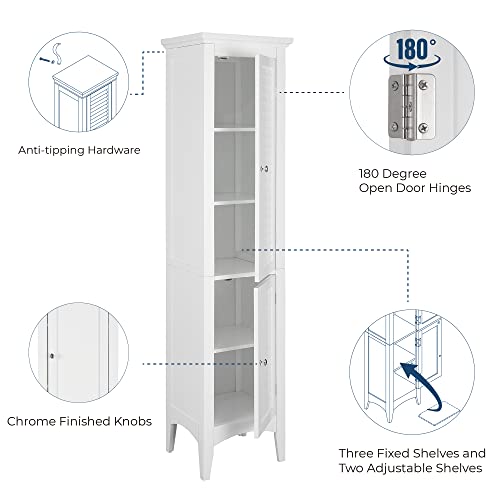 Elegant Home Fashions Glancy Linen Tower Freestanding Cabinet Tall Narrow Bathroom Kitchen Living Room Storage With 2 Shutter Doors 5 Tier Shelves, White, Standard #TOP3