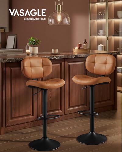 Image of VASAGLE Bar Stools Set of 4, Height Adjustable Kitchen Barstools, Swivel Bar Chairs with Back and Footrest, Quilt PU Leather Surface, Dining Room, Counter, Steel, Caramel Brown ULJB150K101S-2J