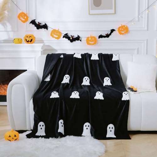 Halloween Ghost Throw Blanket 50x60 Ultra Soft Velvet All-Season Decorative Blankets with 3D Embroidered Ghost Hidden Zipper for Duvet Insert Cozy Bed or Sofa Blanket (Black)