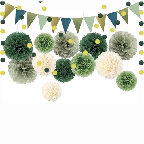 Pompons Deko, 16 Stück Grüne und Beige Papierblumen, Deko Gartenparty, Hochzeitsdekoration für Babyparty, Verlobung oder Geburtstag