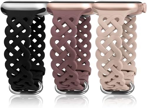 TOYOUTHS Celtic Knot Silicone Bands Compatible with Apple Watch 42/44/45/46/49mm Women, 3 Pack Sport Slim Braided Hollow-out Strap for iWatch 10/9/8/7/6/5/4/3/SE/Ultra 2, Black/Milk Tea/Smoke Violet