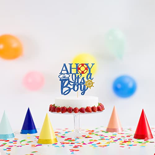 Ahoy It's A Boy Cake Topper, Nautical Theme Gender Reveal Party Decorations, Hello Baby Boy - Welcome Baby Boy Sign Cake Decors, Glittery Navy Blue Baby First Birthday Supplies #TOP4