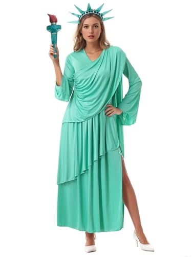 GRAJTCIN Costume de statue de la Liberté pour femme - Costume patriotique de Liberté avec couronne - Fête de l'indépendance - Costume d'Halloween (taille M, cyan)