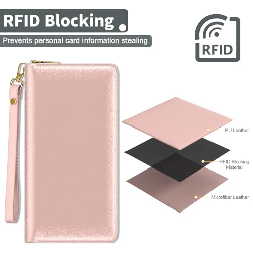 Image of Nipichsha Womens Wallet, RFID Wristlet Wallet for Women, Cute Ladies Purse, Large Credit Card Clutch Purse, Leather Card Holder Wallets with Zipper & Phone Holder, Pink