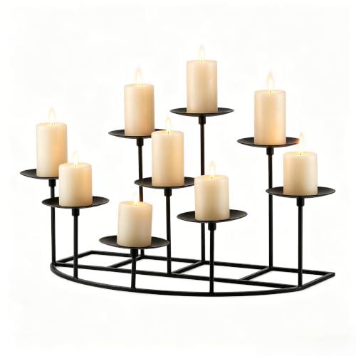 9-Tier Fireplace Candelabra Candle Holder Modern Geometric Matte Black Metal Candle Stand with Stable Curved Base 9 Pillar Candle Holder Centerpiece for Mantel Table Christmas Wedding Decor