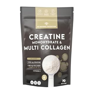 N2 Natural Nutrition. Creatina monoidrato + collagene multi idrolizzato con vitamina C in polvere (70 dosi) 3000 mg di creatina + collagene I, II, III, V e X. Senza aromi.