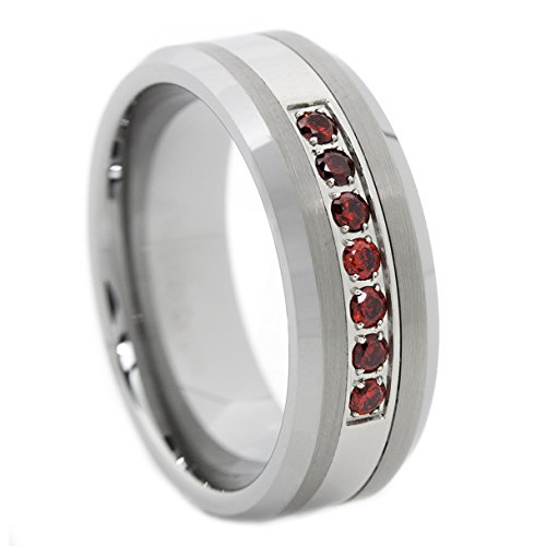 Panvisionary Men's Thin Red Line Red 7 Cz Stone Ring Tungsten Carbide Wedding Band 8