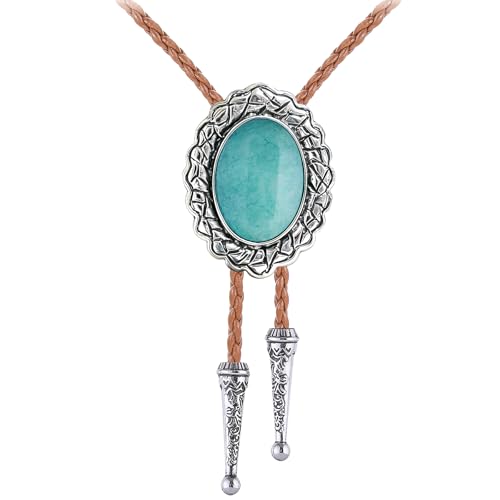 Image of Jeilwiy Bolo Tie for Men Real Stone Westwern Cowboy Ties Silver Bolos Women Leather Necktie Gift for Birthday Christmas