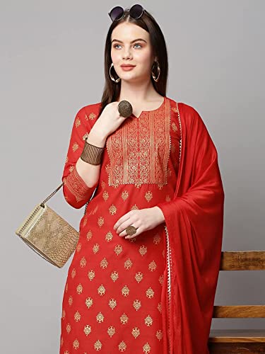 Image of GoSriKi Women's Cotton Blend Printed Straight Kurta with Pant & Dupatta