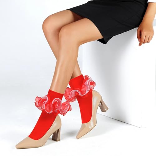 Image of Women Ruffle Socks with 4-Layer Big Frilly Lace Turn Cuff Dress Socks Adult Soft Cotton Fancy Frilly Sock (US, Alpha, One Size, Regular, Regular, 3 Pairs A)