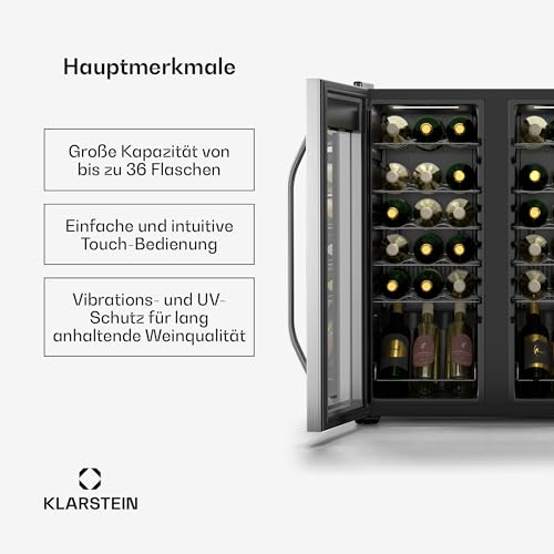 Klarstein Vinamour Weinkühlschrank 2 Zonen - 36 Flaschen, 5-18 °C, Touch-Steuerung, LED-Beleuchtung, Freistehend, UV-Schutz, Edelstahl Doppeltür