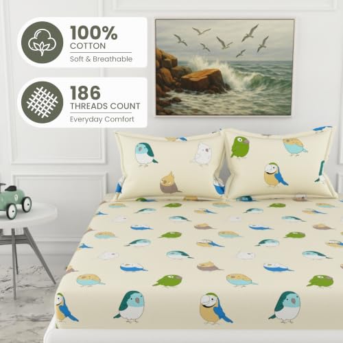 Image of LORETO - A QUALITY LINEN BRAND 186 TC 100% Pure Cotton King Size Fitted Bedsheet with 2 Pillow Covers for 78 x 72 Inch Mattress, All-Around Elastic, 8 Inch Deep Pocket, Multicolor Birds