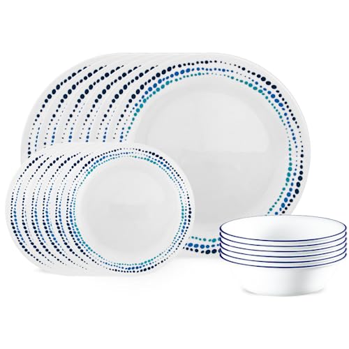 Corelle Vitrelle 18-Piece Service for 6 Dinnerware Set Triple Layer Glass and Chip Resistant, Lightweight Round Plates and Bowls Set, Ocean Blue