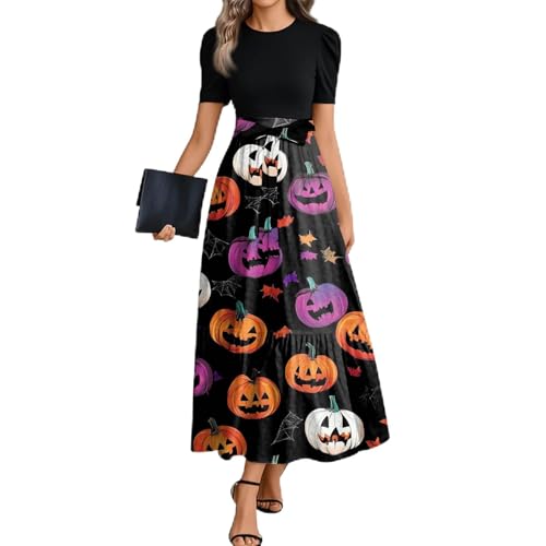 Robe mi-longue Halloween femme jupe citrouilles et chapeaux de sorcière