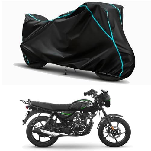 Image of Waterproof Bike Body Cover Compatible for | Bajaj CT 125X Drum | Taffeta Fabric, Sky Piping Design, Bottom Elastic Fit | Dustproof, Sun UV & Rain Protection for All Weather.