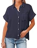 AHAIJ Womens Linen Button Down Shirts Cotton V Neck Loose Blouse Short Sleeve Casual Pocket Work Tunic Tops (Small, Navy Blue)