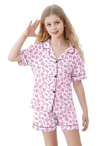 Umeyda Girls Pajamas Set, 2Pj Nightwear Button-Down Sleepwear, Pink Leopard, 11-12 Years2