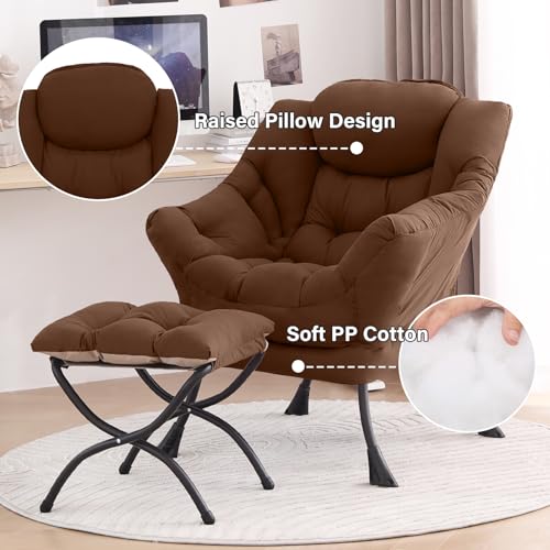 Image of Tiita Lazy Chair with Ottoman, Brown Modern Large Accent Chairs, Comfy Leisure Sofa Armchair with Ottoman, Reading Chair with Footrest for Bedroom, Living Room, Dorm Rooms, Brown
