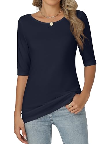 Image of Famrrifuu Womens Half Sleeve T-Shirts Boat Neck Cotton Tops Slim Fit Stretchy Elbow Sleeve Elegant Tee Base Layer Soft Tunic for Smart-Casual Wear, Navy Blue, XXL