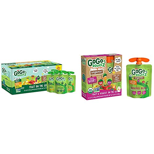 GoGo squeeZ Applesauce, Variety Pack (Apple/Banana/Mango), 3.2 Ounce (20 Pouches) & Organic fruit & veggieZ, Apple Mixed Berry Carrot, 3.2 Ounce (4 Pouches), Gluten Free, Vegan Friendly