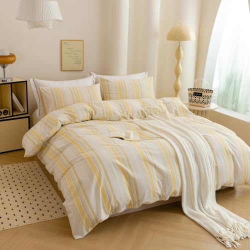 Image of Yellow Striped Duvet Cover Bedding Set 100% Washed Cotton Linen Like King