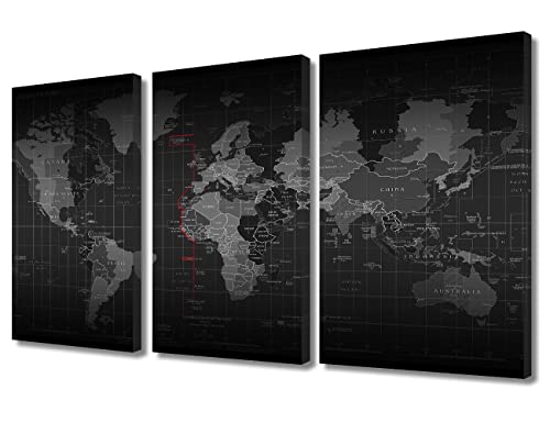 Carte du monde noir et blanc | Lot de 3 affiches murales giclée 91x61 cm