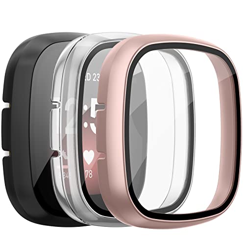 [3 Pack] Screen Protector for Fitbit Sense/Versa 3 with HD Tempered Glass Sensitive Touch Protective Case Hard PC Cover with Full Coverage Bumper (Rose Gold/Black/Transparent)