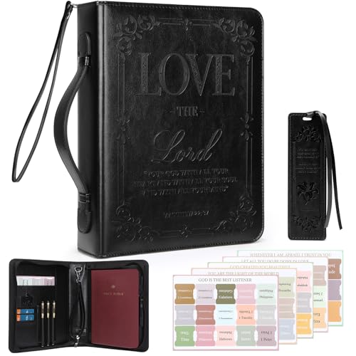 IVGHV Leather Bible Cover for Men Premium PU Leather Bible Cover Case for Women Large Church Bag Carrying Book Case Bible Book Cover with Handle&Zippered Pocket Bible Bag for Men & Women (Black)