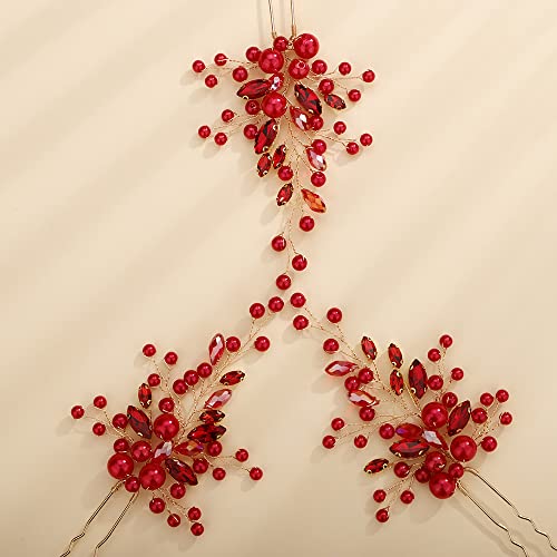 Chargances Bride Red Pearl Beaded Hair Pins Wedding Red Crystal Hair Pins Boho Dainty Handmade Hair Accessories for Women and Girls (Red - Image 2