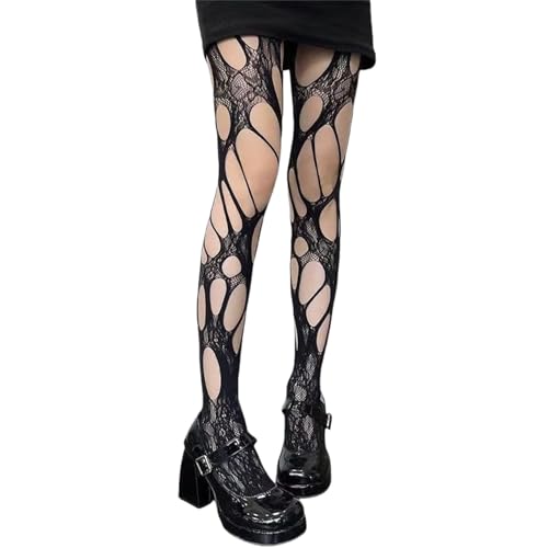 HeiBai Xiong Rave Lace Tights Women Goth Ripped Sheer Mesh Cutout Distressed See Through Punk Vintage