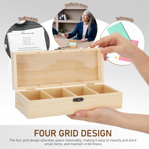 VILLCASE 2er Set Karteikasten Holz, A8 Karteikarten Box mit Deckel & Metallverschluss, Vokabelbox 4 Fächer, Lernkarteibox Karteikartenbox für Büro, Schule & Kleinteile Aufbewahrung (25x9,5x6,5 cm)