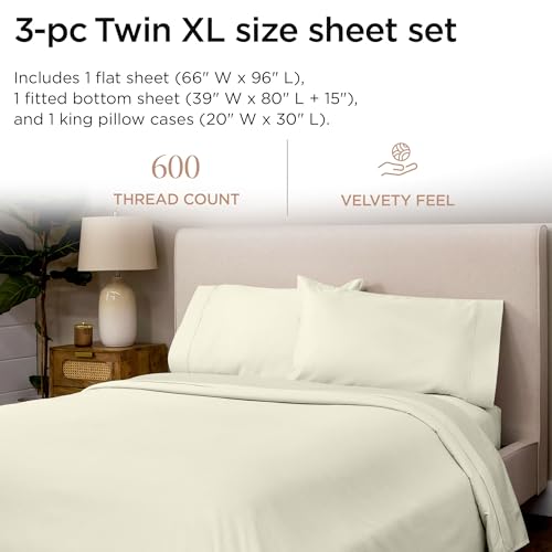 Image of Threadmill 100% Cotton Sheets for Twin XL Size Bed - 600 Thread Count Twin XL Bed Sheets Set with 15 inch Deep Pocket - Sateen Weave 3-Piece Bedding Set with Cooling Effect, Ivory