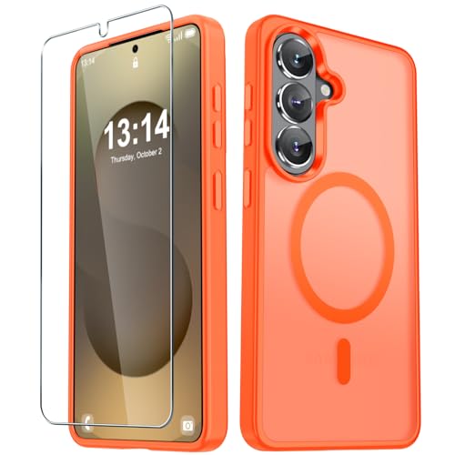 Image of YENAPOON for Samsung Galaxy S26 Case, Matte Magnetic Phone Cover, Orange | Fit for MagSafe, Screen Protector included, Shockproof Military Grade Protection, Translucent Frosted Back