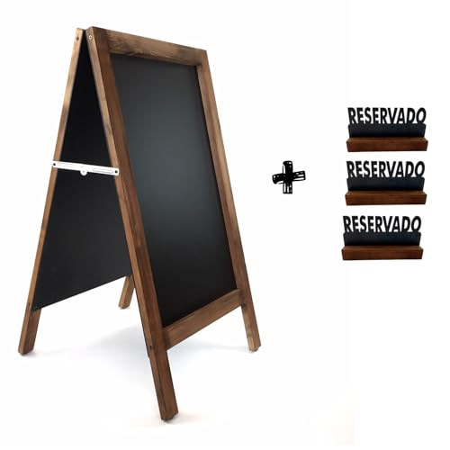 Pizarra caballete marco madera Pizarra negra doble cara apta para tizas y rotuladores efecto tiza. Ideal para hostelería, restaurante, habitación, casa, etc. (NOGAL, 120 x 60 cm)