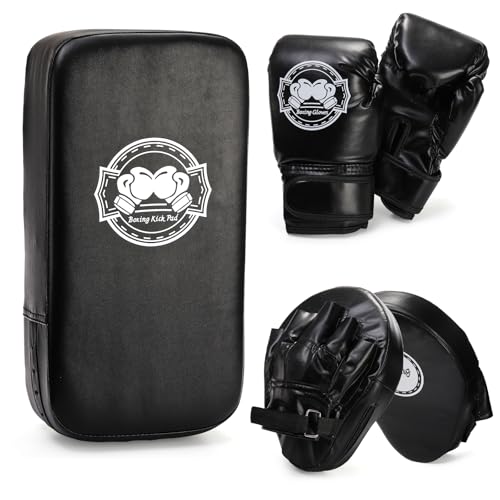3-in-1 Kids Boxing Set, Punching Gloves Mitts Kick Pad for Beginners, Sports Kickboxing Training Set for Youth Child Boxing, Karate, Taekwondo, Muay Thai, MMA Training