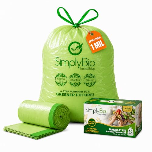Simply Bio 13 Gallon Compostable Organic Bags Liners Drawstring, Heavy Duty Extra Thick 1 Mil, 49.21 Liter, 30 Bags, Tall Kitchen Food Scrap Waste Bag, ASTM D6400, US BPI and OK Compost Home Certified