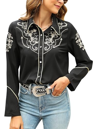 Camisas del lejano Oeste para Mujer, Vaquera, Sexy, Elegante, de Manga Larga, Bordadas, con Botones, Blusas Vaqueras para Mujer, Negro -, XL