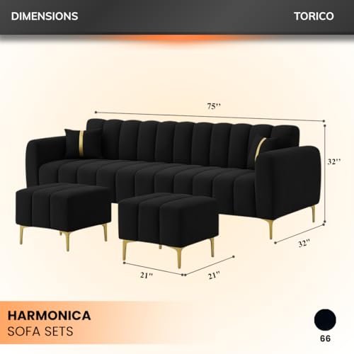 Image of Harmonica 3 Seater Modular L Shape Sofa Set with 2 Ottoman| Soft Velvet Upholstery, Sturdy Wooden Frame | Modern Sofa for Living Room, Hall & Office Spaces (Black)