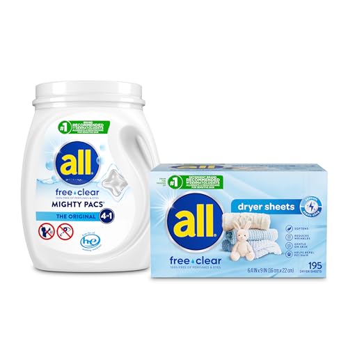 Image of Bundle of All Mighty Pacs Laundry Detergent, Free Clear for Sensitive Skin, Tub, 60 Count + all Fabric Softener Dryer Sheets for Sensitive Skin, Free Clear, 195 Count