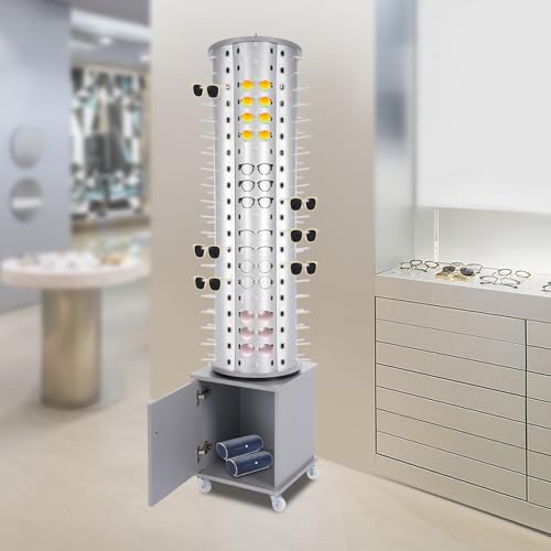 TrueyEssence Rotating Sunglasses Display Stand, Floor-standing Eyeglass Holder Sunglass Display Rack with Wheels and Storage Cabinet Organizer Case for 120 Pairs of Glasses (Silver)