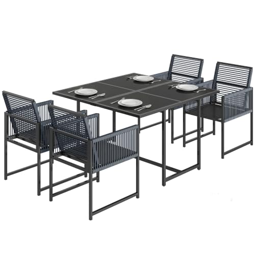 Image of Outsunny 5 Pieces Garden Dining Set, Outdoor Patio Cube Set, 4 Seater Outdoor Table and Chairs with Foldable Backrest, Tempered Glass Top, Handwoven Rope for Poolside, Space-Saving, Dark Grey