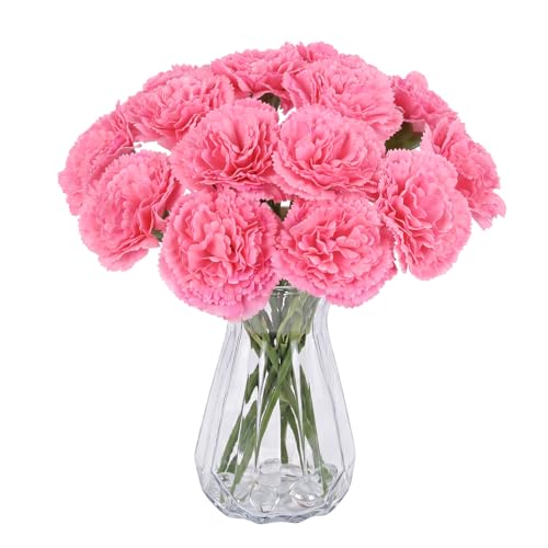 ICBOX Rose Pink Carnations Artificial Flowers 15pcs Real Touch Carnation Flowers Latex Silk Flowers with Stems for Wedding Bouquets for Bridal Home Table Centerpieces (Latex Dark Pink)