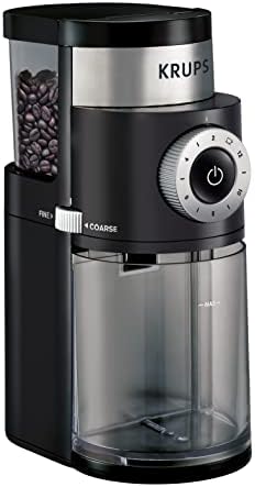 KRUPS stainless steel and gray precision burr coffee grinder with a front cup selector