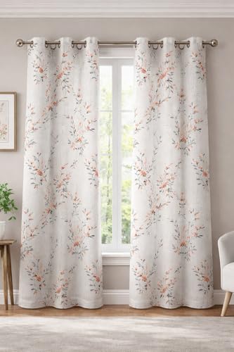 Image of THE LINEN COMPANY Cotton Sheer Printed Curtain for Window Bedroom and Living Roonm Home dcor Set of 2 (06 Feet,Coral Leaf)