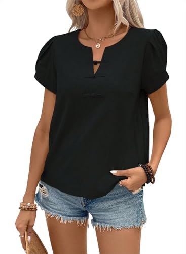 Women's Summer Tops Petal Short Sleeve V Neck Blouses Dressy Casual Fitted Cute Solid Shirts 2025