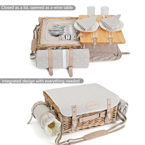 Multifunctional Wicker Picnic Basket Set for 4 with Blanket and Picnic Table, Insulated Picnic Set with Full Tablewares for Camping Outdoor Couples, Flowers - Thumbnail 4