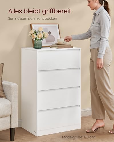 VASAGLE Kommode mit 4 Schubladen, Komodenschrank, Schubladenschrank, Wäschekommode, für Schlafzimmer, 40 x 60 x 97,4 cm, Modern Kailyn Kollektion, schneeweiß LTS614WE02